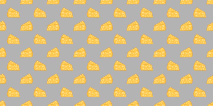 Seamless pattern of cheese slices on grey background.  flat food illustration.