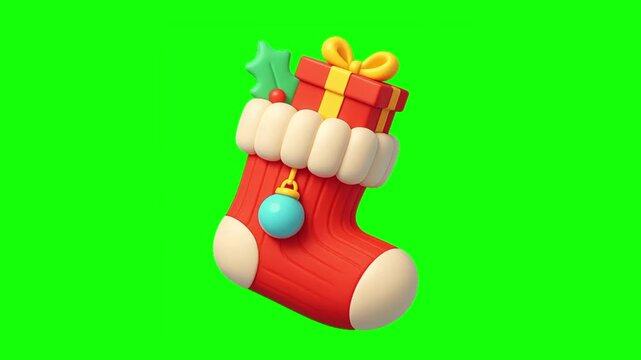 Christmas stocking sock with gift box ornamental. Xmas tree accessories icon sign, isolated on green screen. Vector cartoon animation. Holiday, illustration idea, party and celebration symbol.