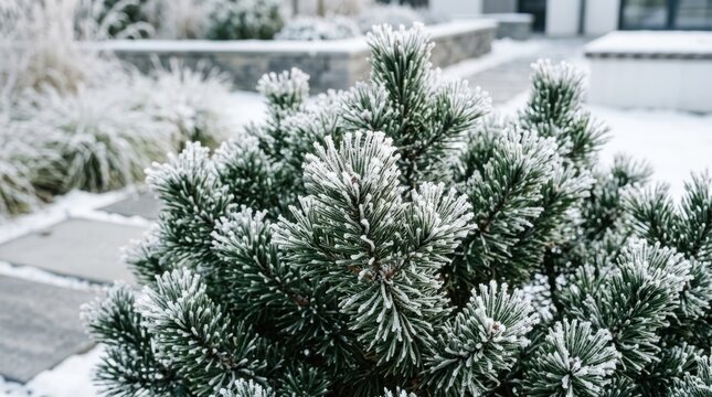 Beautiful winter landscape background. Close up view of a small evergreen shrub heavily coated in thick white hoarfrost crystals.