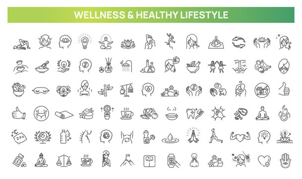 Wellness and Healthy Lifestyle Line Icons Set