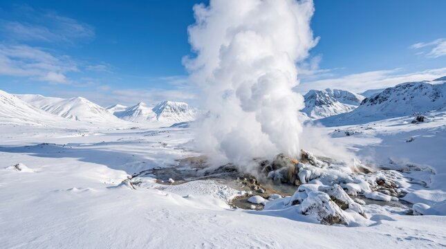 Beautiful winter landscape background. Powerful geyser erupting a massive column of hot steam into the freezing air over a snowy plain.