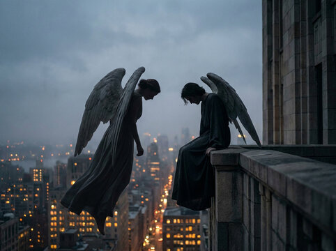 Two winged angel like figures are perched on a skyscraper edge overlooking a city at dusk