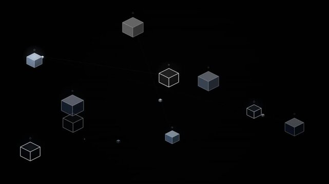 Glowing isometric cubes float through dark digital space forming a futuristic technology network loop.
