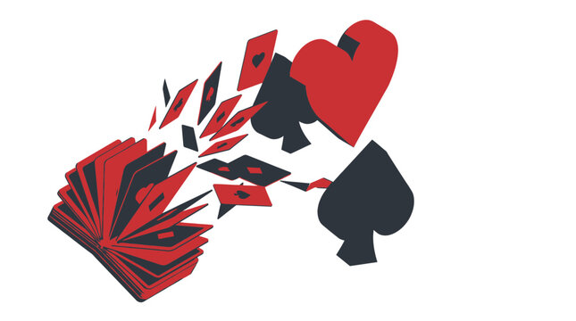 3D Isometric Vector Illustration of Red and Black Playing Cards Bursting from a Fanned Deck with Large Heart and Spade Suit Symbols, Isolated on White Background for Casino and Gaming Graphic Design.