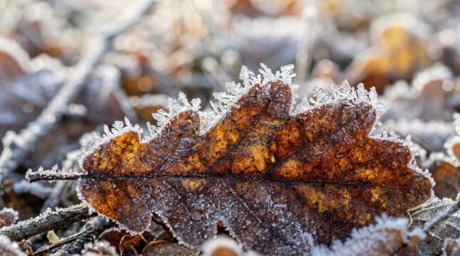 Stunning winter landscape background. Macro view of delicate frost crystals formed on a fallen brown autumn leaf.