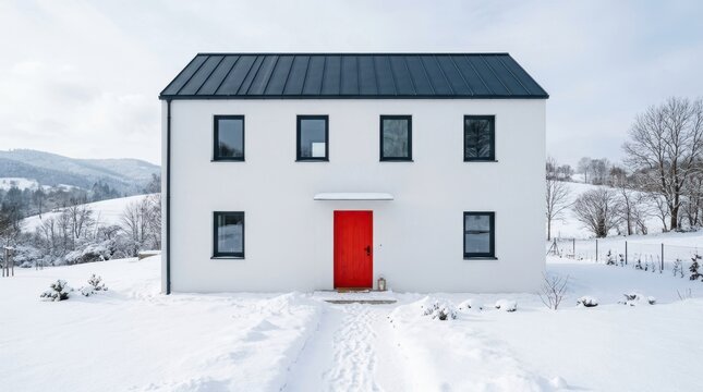 Stunning winter landscape background. Minimalist white house with a striking red door sits in a snowy field.