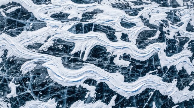 Stunning winter landscape background. Wind creates beautiful abstract wavy lines and patterns over a frozen icy surface.