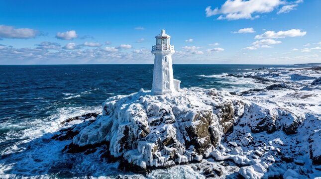 Stunning winter landscape background. A solitary white lighthouse stands on a rugged snowy cliff overlooking the sea.
