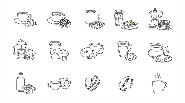Set of coffee and breakfast icons drawn in a simple line art style