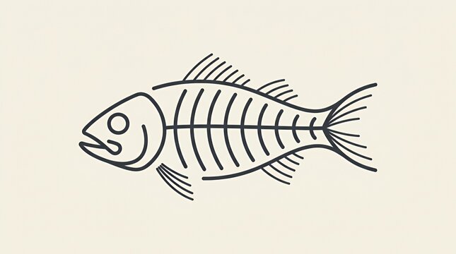 Elegant minimalistgraphic of a fish skeleton outline characterized by clean simple lines on a plain solid backdrop fish skeleton bone minimalist line simple style flat outline