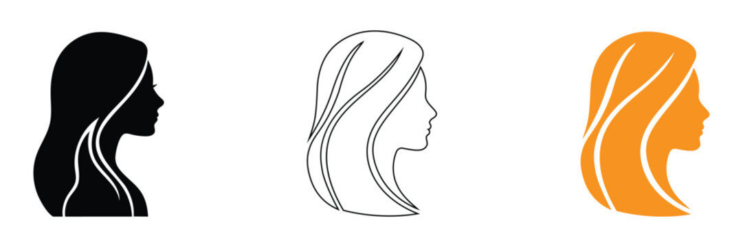 Beauty woman face profile logo set with long wavy hair lineart vector illustration modern salon emblem black linear orange silhouette isolated transparent background microstock web element