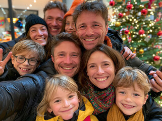 Fototapeta premium Large happy family in winter jackets taking cheerful selfie near giant decorated Christmas tree outdoors