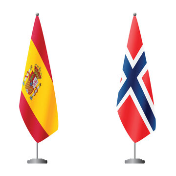 Spain and Norway flags on flagpoles for official ceremonies and meetings, transparent background vector