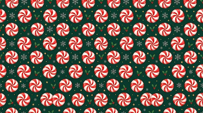 Vibrant red and white striped peppermint hard candies arranged in a festive repeating winter holiday illustration christmas peppermint swirl candy seamless pattern background backdrop
