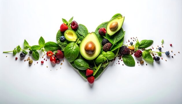 Healthy food arrangement shaped like a heart with avocado, leafy greens, berries, herbs, and seeds on a clean white background, symbolizing nutritious eating and wellness.