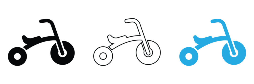 Children tricycle icon set toddler balance bike vector illustration three wheel bicycle logo black linear blue silhouette isolated transparent background microstock play toy graphic element