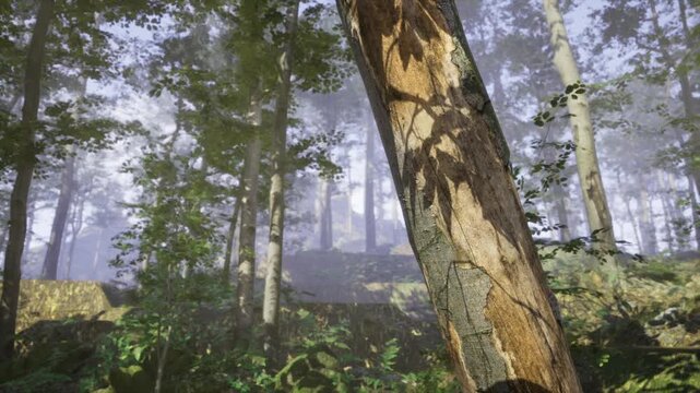 Leaning birch trunk in fog wildland photographer framing closeup bark textures, mosscovered base, towering pine canopy, dappled light filtering through needles,