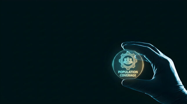 Gloved hand holding a glowing population coverage concept icon