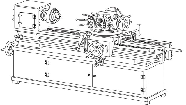 Industrial metal lathe machine white background.