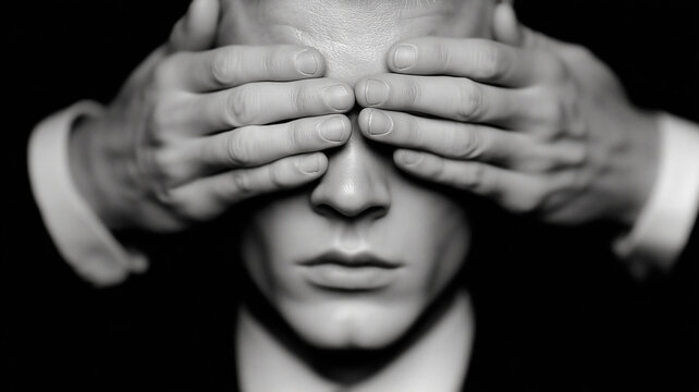Hands Covering Eyes Over Man&rsquo;s Face Conceptual Portrait of Secrecy, Control and Blindness