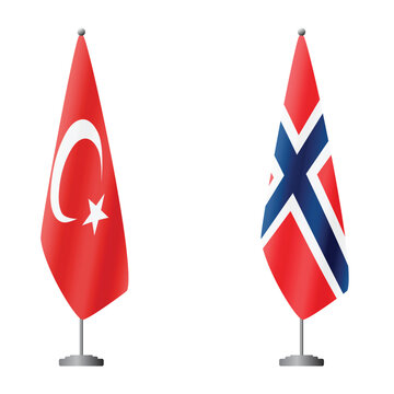 Turkey and Norway flags on flagpoles for official ceremonies and meetings, transparent background vector
