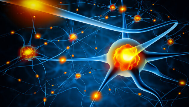 Glowing Neuron Network With Active Synapses and Neural Signals in Brain Science Illustration
