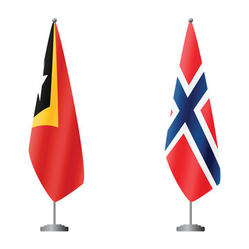 Timor-Leste - East Timor and Norway flags on flagpoles for official ceremonies and meetings, transparent background vector