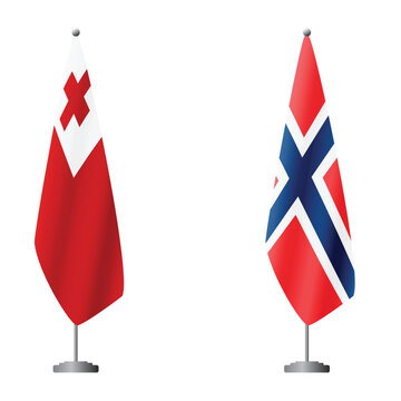 Tonga and Norway flags on flagpoles for official ceremonies and meetings, transparent background vector