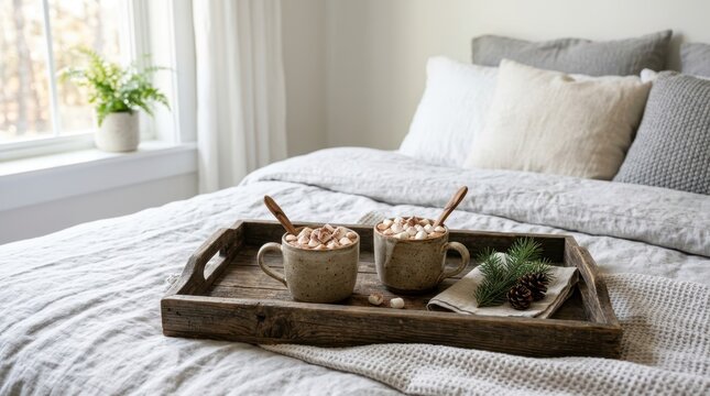 Winter holiday season atmosphere. Two mugs of hot cocoa with marshmallows rest on a wooden tray on a white bed.