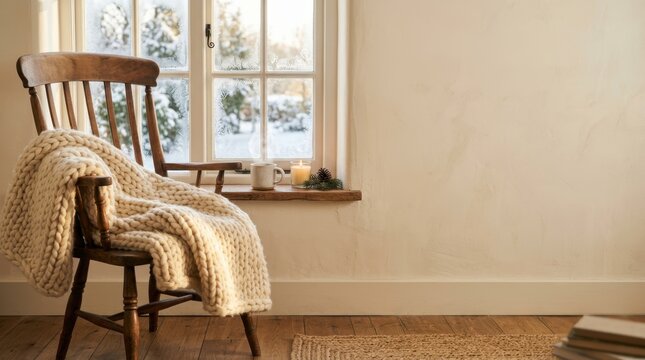 Winter holiday season atmosphere. A warm knitted blanket rests on a wooden chair by a window looking out at the snowy landscape.