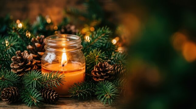 Winter holiday season atmosphere. A glowing candle in a glass jar illuminates green pine branches and rustic pinecones.
