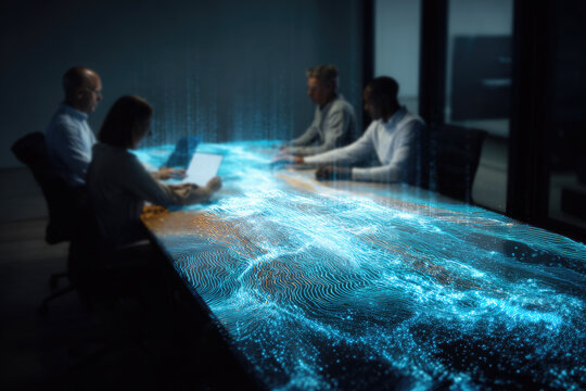 Business team in modern boardroom engaging with glowing digital data streams on table surface representing advanced technology and collaborative data