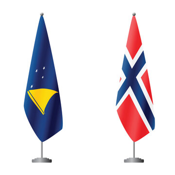 Tokelau and Norway flags on flagpoles for official ceremonies and meetings, transparent background vector