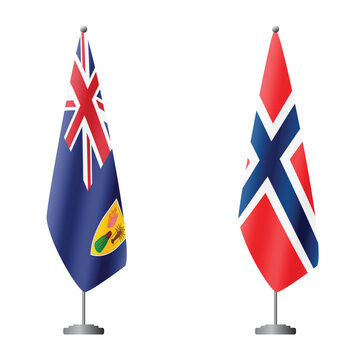 Turks and Caicos and Norway flags on flagpoles for official ceremonies and meetings, transparent background vector