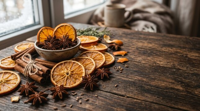 Winter holiday season atmosphere. Dried orange slices, star anise, and cinnamon sticks are arranged on a dark wooden table.