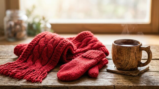 Winter holiday season atmosphere. A warm red knitted scarf and a wooden mug filled with a hot drink sit by the window.