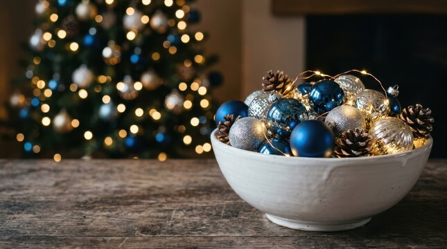 Winter holiday season atmosphere. Blue and silver festive ornaments fill a white bowl with a decorated tree in the background.