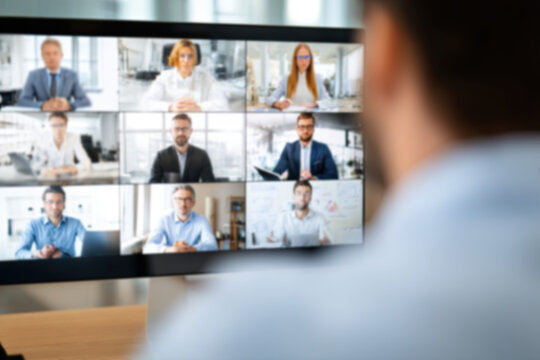 Video conference call. Group of people talk with colleague, partners or team members. Online meeting or education webinar. Employees discuss project presentation or planning work or strategy at meet.