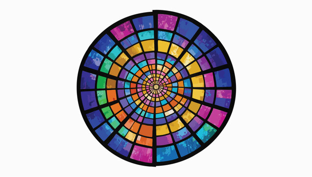 Circular stained glass window vibrant multi-colored geometric patterns and dark lead came framework