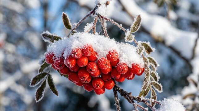 Winter holiday season atmosphere. Bright red rowan berries cluster together under a fresh blanket of white winter snow.