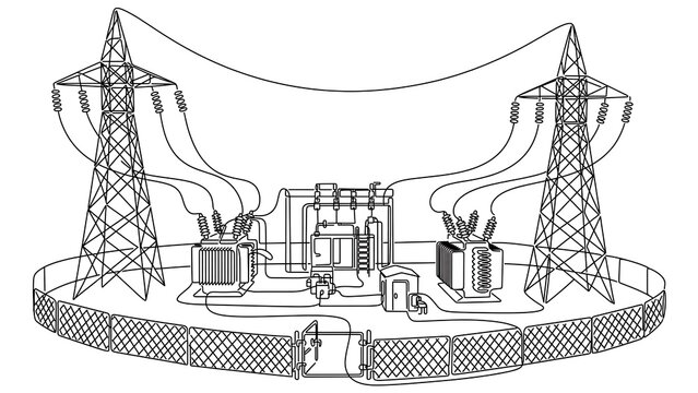 Electrical substation diagram white background.