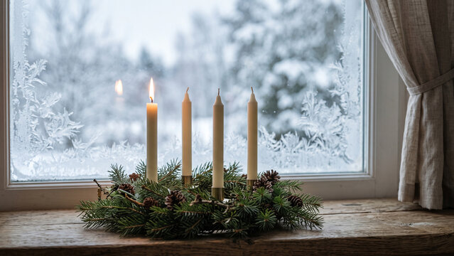 Warm Advent candlelight contrasts with a snowy winter landscape, creating a peaceful visual symbol of hope, faith and anticipation during the First Advent season