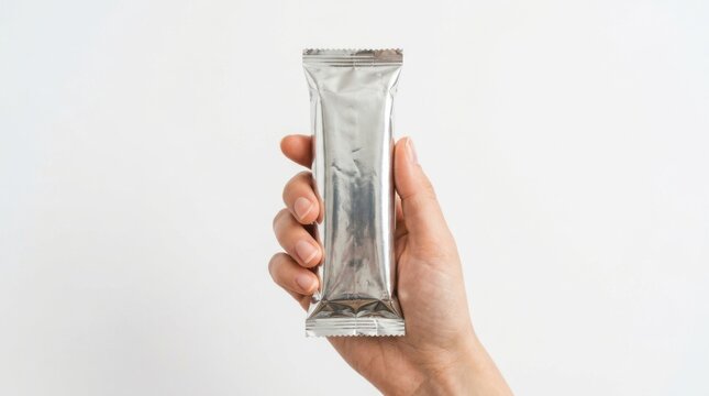 Hand holding a silver snack bar wrapper on white background