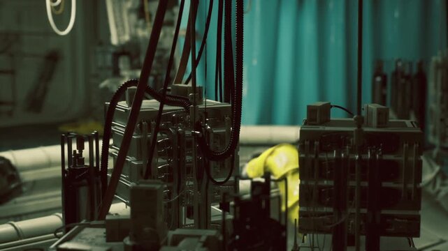 Robotic arm space station diagnostics bay, articulated servo and camera focused on panel, cable bundles and sensor clusters visible, precision tools nearby,