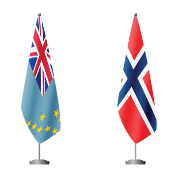 Tuvalu and Norway flags on flagpoles for official ceremonies and meetings, transparent background vector