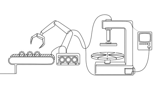 Industrial robot arm assembly line white background.