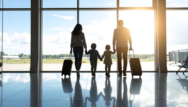 Family walking through an airport terminal with luggage while holding hands, symbolizing family travel, vacation journeys, togetherness, tourism, and memorable holiday experiences.