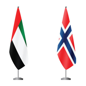 United Arab Emirates and Norway flags on flagpoles for official ceremonies and meetings, transparent background vector