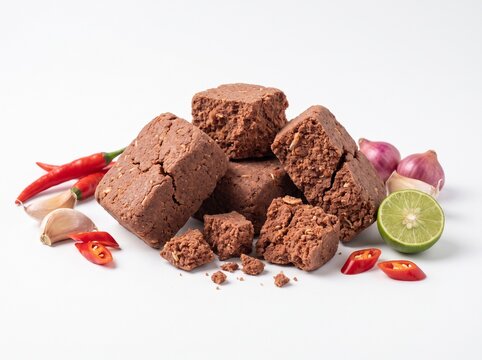 Traditional Thai shrimp paste blocks or kapi with fresh ingredients like red chili pepper, garlic cloves, shallots and lime slice on white background