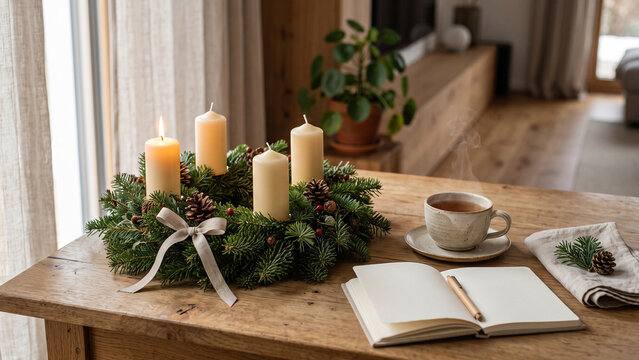 Peaceful First Advent morning scene with an evergreen wreath, glowing candle and snowy winter view, creating a calm atmosphere for reflection, hope and seasonal preparation